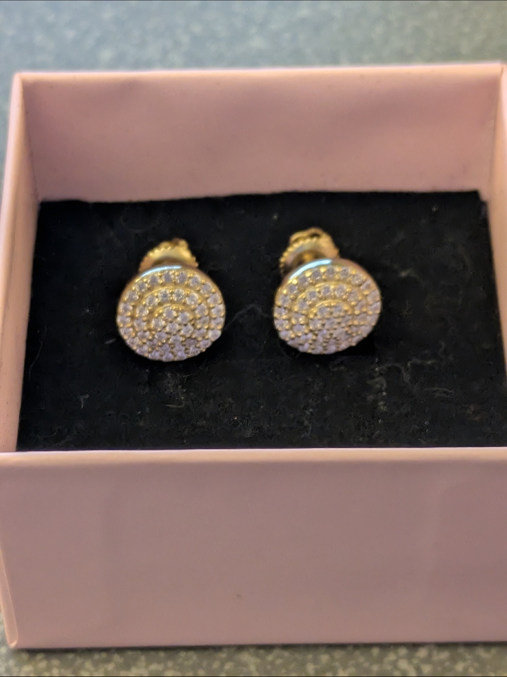 Gold Pavé Round Stud Earrings - 925 Silver